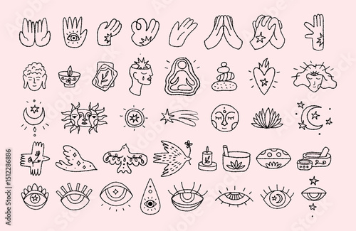 set of zen yoga esoteric doodle illustrations