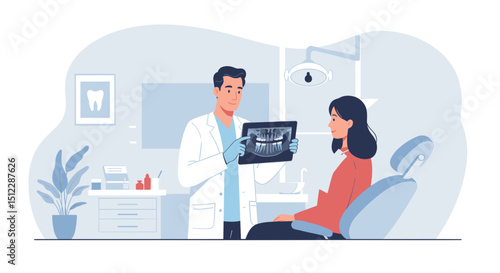 Dentist showing X-ray to patient while sitting in dental office  