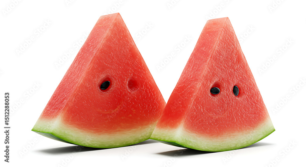 Two Red Watermelon Slices with Black Seeds on White Background Two Red Watermelon Slices with Black Seeds on White Background