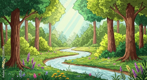 Lush forest scene with a meandering river