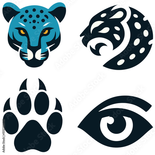 Four stylized jaguar icons including head paw profile and eye in blue black and white