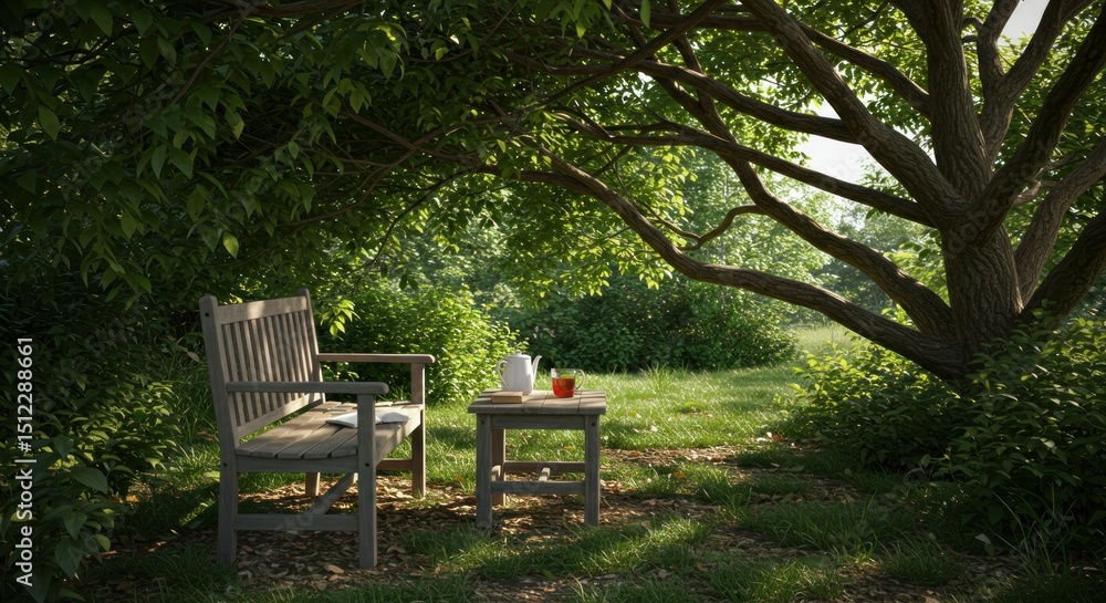 Obraz premium Tranquil retreat under a sprawling tree with a bench and peaceful ambiance