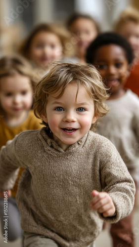 A joyful group of children run forward, with a blond, blue-eyed boy in the foreground smiling brightly at the camera.