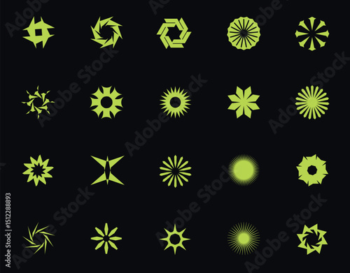 Conjunto de 20 íconos abstractos radiales verdes — Formas geométricas modernas en fondo oscuro

