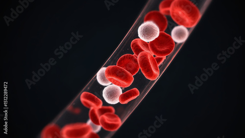 Abstract image shows red and white blood cells circulating in a blood vessel, visualizing important aspects of the human body