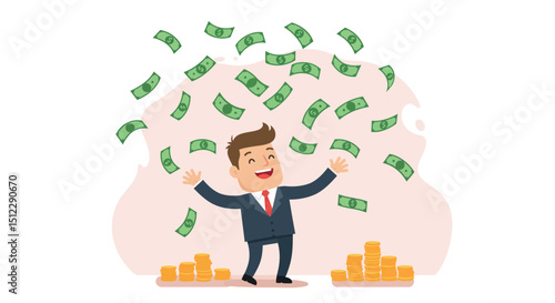 Excited cartoon male character enjoying money rain with coins and dollar bills