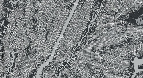 Detailed black and white map of urban city grid with roads and rivers