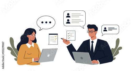Asian female and male adults discussing work at laptops with communication icons