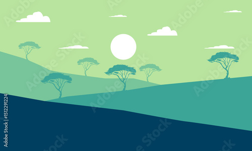 Morning Hilly Nature Landscape with Sunrise and Tree Silhouettes