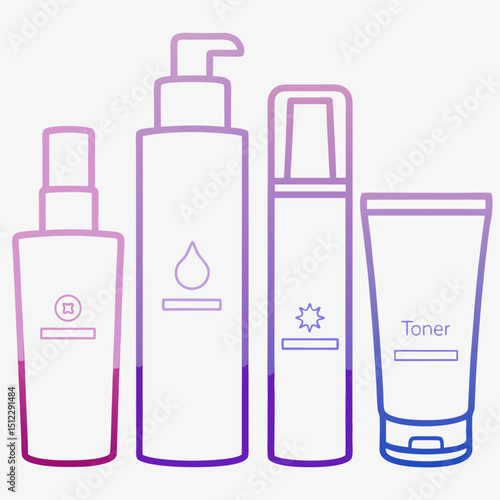 Skincare product lineup including toner, serum, and moisturizer design  