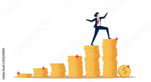 Asian female businesswoman achieving financial success climbing coin stacks illustration