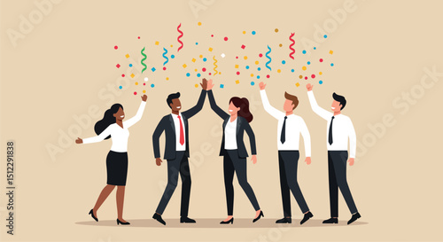Diverse business team celebrating success with high fives and confetti