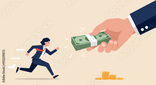 Businesswoman chasing money concept with giant hand offering cash and coins