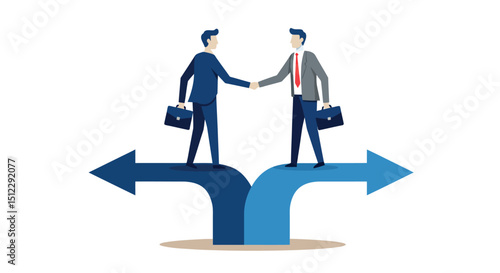 Business agreement between two men with arrows symbolizing different directions