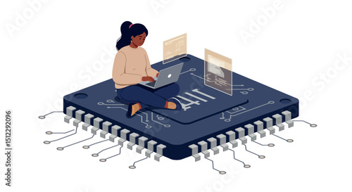 Young african female coder working on laptop on giant computer chip