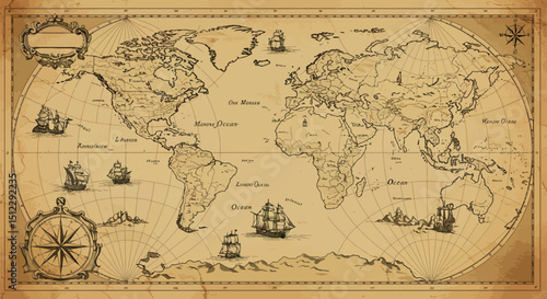 Vintage world map with nautical elements and antique ships