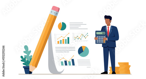 Business analysis: young asian male with calculator exploring financial graphs