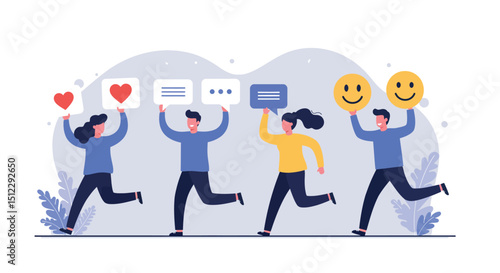 Diverse young adults engaging in social media interaction with emoticons