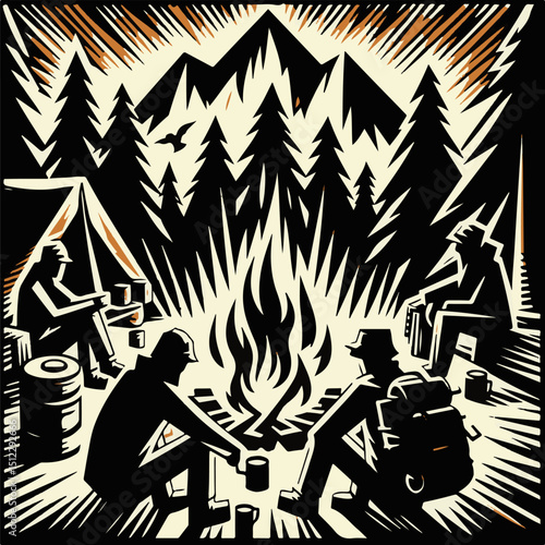 Group of campers sitting around a campfire in mountainous forest  