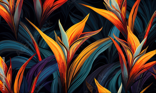 Tropical pattern featuring orange bird of paradise flowers and teal-blue leaves in a bold botanical design
