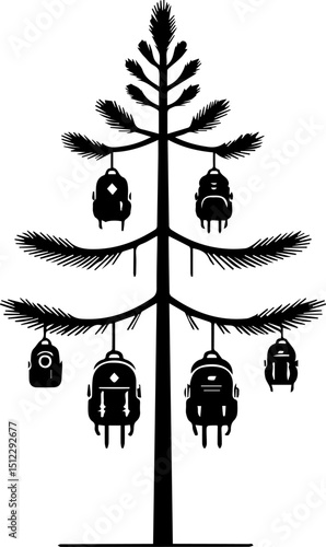 Minimalist black silhouette of tree with backpacks hanging as ornaments  