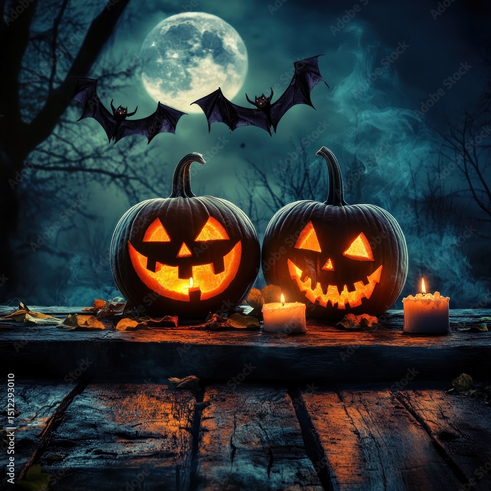 Fototapeta premium Spooky Halloween Night: Jack-o'-lanterns under the Moon