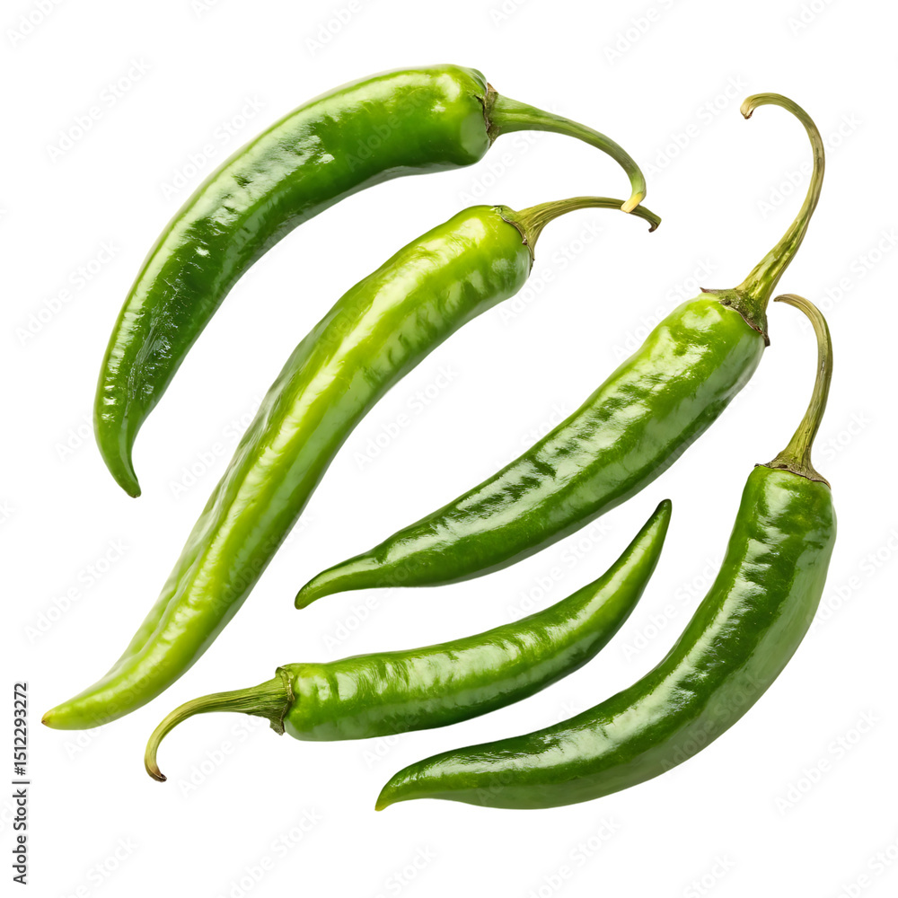 Fresh green chilies in natural curve form, spicy hot peppers isolated for culinary use Fresh green chilies in natural curve form, spicy hot peppers isolated for culinary use