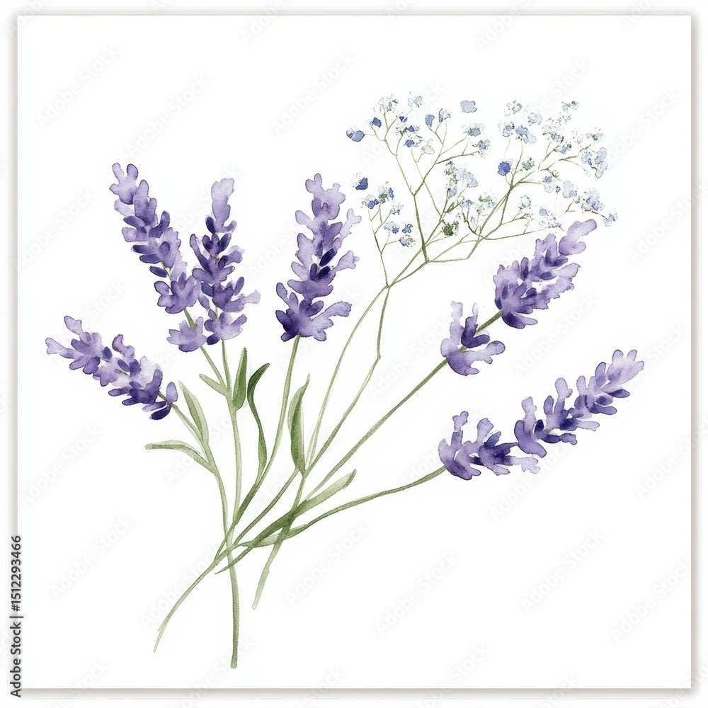 Obraz premium Watercolor Lavender Sprigs and Baby's Breath Arrangement Serene Floral Art on White Background
