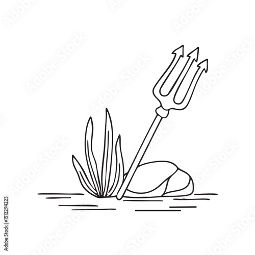 A trident lying next to seaweed and rock