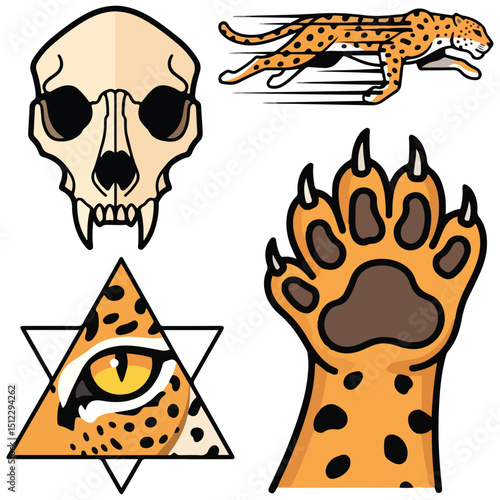 An illustration featuring a skull running cheetah eye in a triangle and paw