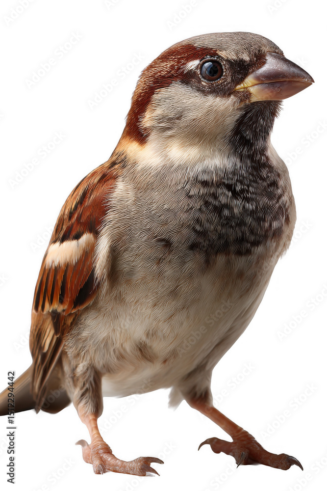 Fototapeta premium Sparrow Portrait: A close-up portrait of a charming sparrow showcases its detailed plumage, capturing a moment of quiet observation. 
