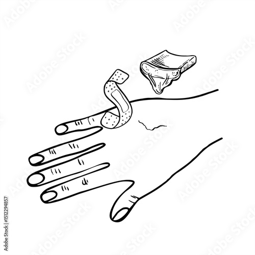hand with symbolic wound, healing aloe leaf with dripping juice and band aid vector illustration. Herb healing sketch for first aid packaging, herbal medicine branding, skincare product, medical blog