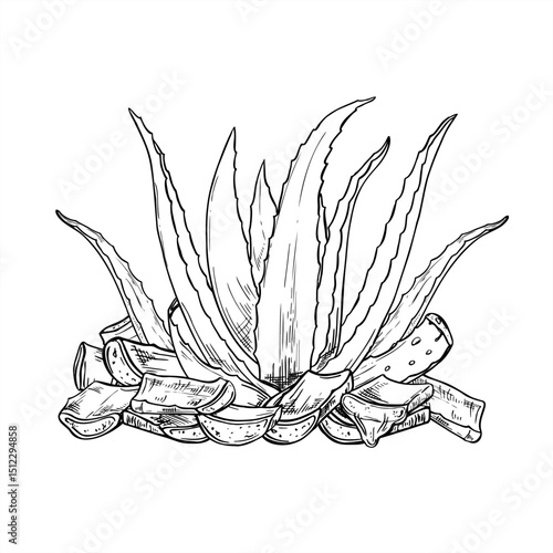 Aloe plant with sliced leaves arranged around it and dripping juice monochrome vector illustration painted by black inks. Skincare remedy for natural cosmetics packaging, herbal medicine, spa menu
