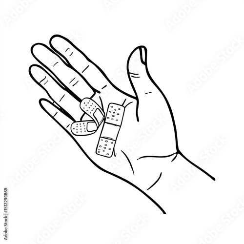 Upward facing palm with adhesive bandage on wound monochrome vector illustration. First aid kits line art black ink sketch. For medical manuals, healthcare apps, and safety instructions.