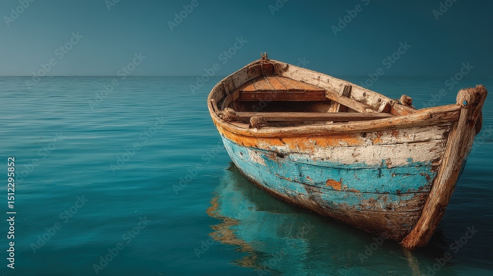 Fototapeta Classic wooden rowboat resting on calm waters during a serene afternoon
