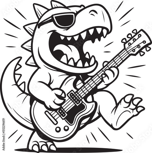 Cartoon t-rex playing guitar isolated on white background, wearing sunglasses and rocking out