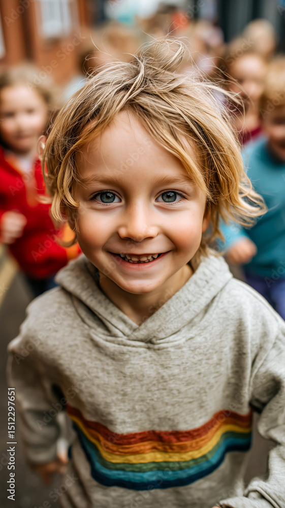 Close-up of a smiling child with blonde hair and blue eyes in a gray hooded sweatshirt running with other children behind. Close-up of a smiling child with blonde hair and blue eyes in a gray hooded sweatshirt running with other children behind.