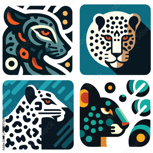 Four stylized jaguar head illustrations square format various color palettes