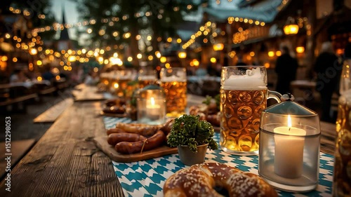 Oktoberfest Celebration: Bavarian Beer Garden Scene with Beer Mugs, Sausages, Pretzels, Candles, and Festive Lights on a Wooden Table.