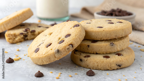 Traditional round shortbread biscuits with visible chocolate chips, soft golden texture, and a handmade, wholesome appearance
