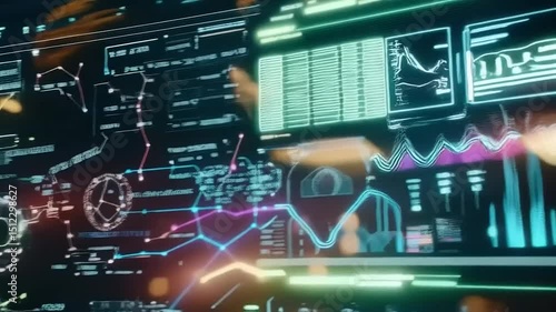 Woman Interacting with Advanced Data Visualization Interface in Modern Tech Hub
