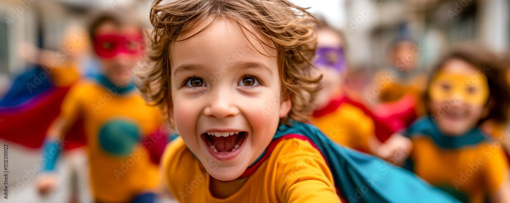 Fototapeta premium Joyful Children Dressed as Superheroes Running. Childhood excitement and playfulness captured in a dynamic, colorful scene.