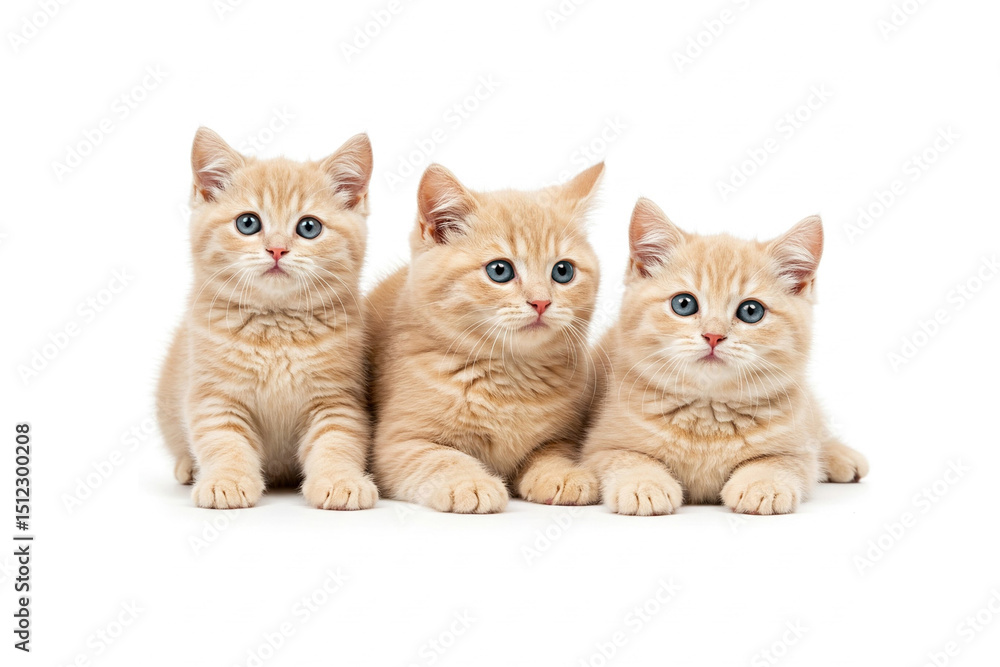 Obraz premium three ginger kittens crouching white background, three orange tabby kitten is crouching white background, three kitten are sitting white background, light orange kitten, light orange kitten white BG