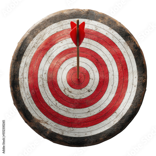 An arrow has successfully struck the bullseye of a wooden archery target. The target features concentric circles in red and white, indicating precise aim and skill during practice outdoors