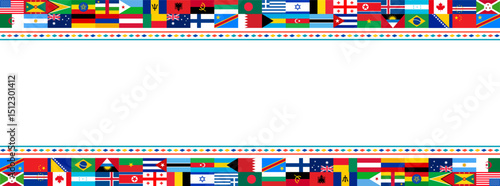 International Flags Border Design. Diverse Countries and Nations flag Banner for Global Unity and Multicultural Themes. world popular all flag horizontal banner or background design. 