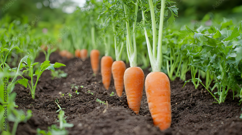 Orange Carrots Growing In Rows In Garden Soil Orange Carrots Growing In Rows In Garden Soil