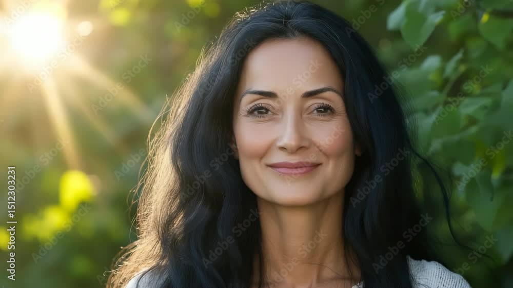 Mature hispanic female in sunlit garden with long black hair smiling Mature hispanic female in sunlit garden with long black hair smiling
