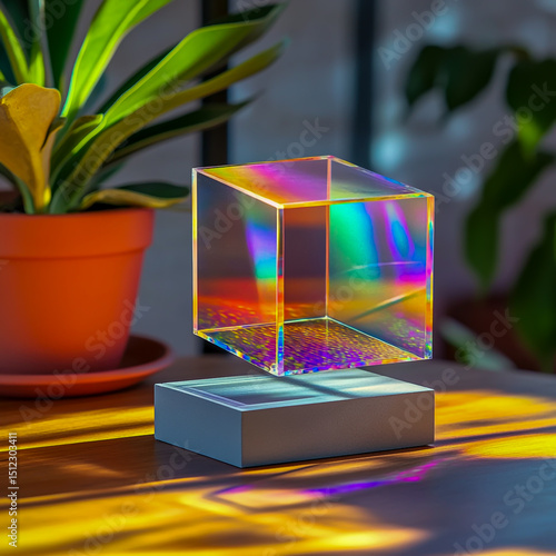 A floating holographic display of a glowing square hanging above a modern office desk illuminated by bright rainbow lights and dynamic shadows.