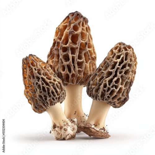 Delicious Morels Mushrooms Three Fresh Wild Mushrooms Isolated on White Background