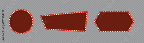 Marquee sign box set isolated on transparent background, light board in retro vintage style for circus, casino, karaoke bar, open mic. Red neon cinema marquuee frame with glow gold lights.